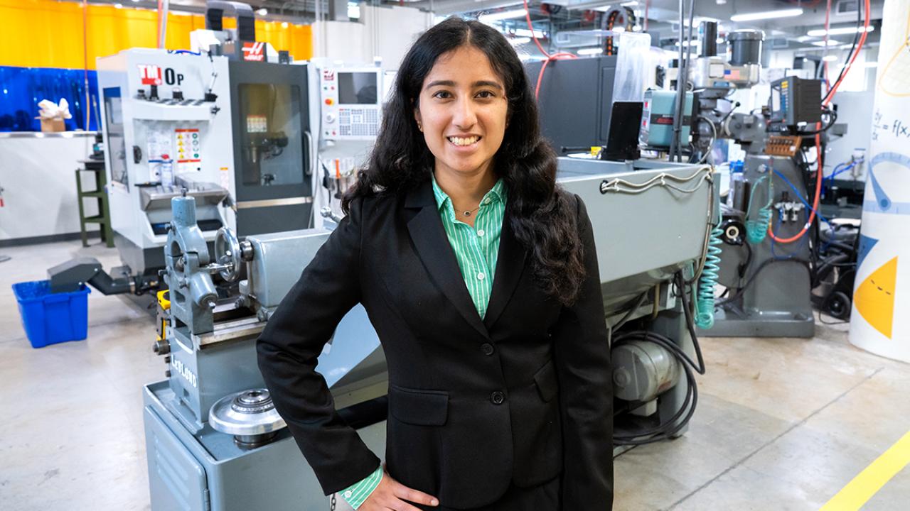 Mechanical and aerospace engineering major Shreya Chandra stands in the Engineering Student Design Center