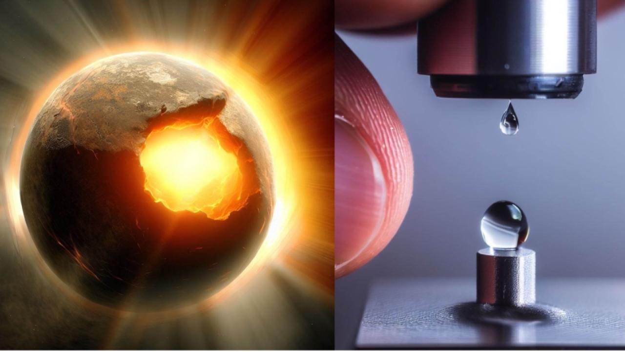 Illustration and AI generated image that shows a planet with an exposed melted core on the right and a small droplet of water on machinery next to a finger tip on the right