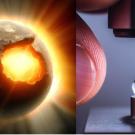 Illustration and AI generated image that shows a planet with an exposed melted core on the right and a small droplet of water on machinery next to a finger tip on the right